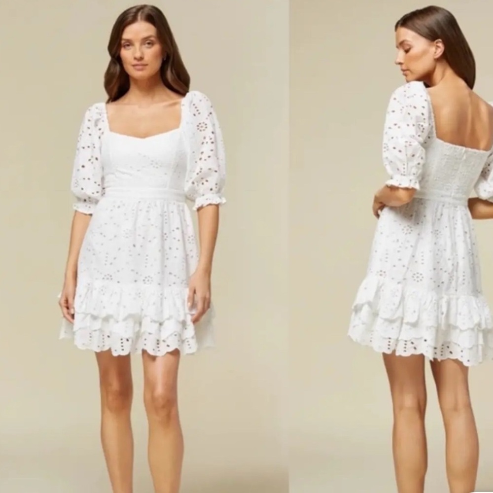 Rachel Parcell Eyelet Puff Sleeve Mini Dress Size M White Cotton Smocked Tiered